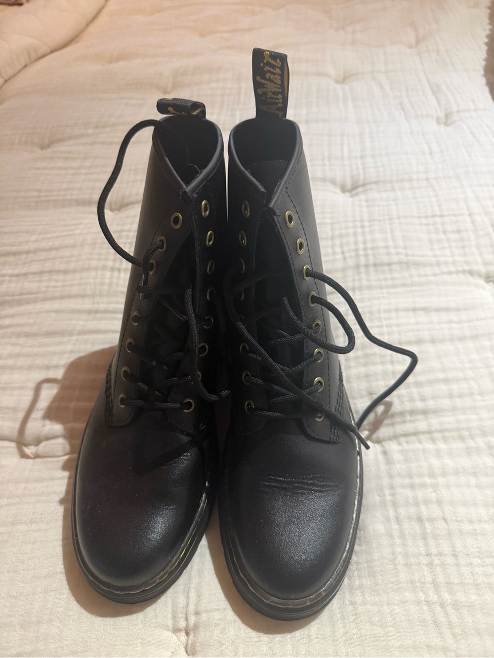 NWOT Dr. Martens Zavala Black Lace-Up Leather Boots with Yellow Stitching